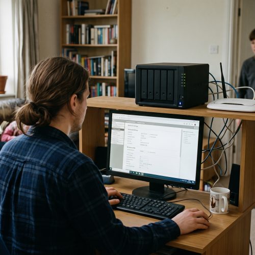 Une personne règle sa box Internet depuis un ordinateur dans un salon, avec un NAS posé sur une étagère.