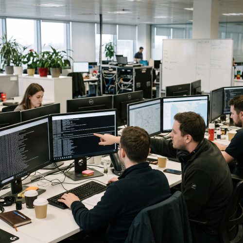 Des analystes réseau consultent des journaux de trafic sur plusieurs écrans dans un bureau partagé, vus de trois quarts arrière