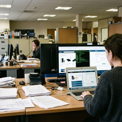 Une personne compare un site marchand, des données whois et une page de paiement sur un ordinateur au bureau.