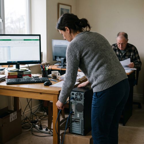 Une personne branche un câble Ethernet à un PC de bureau dans un petit bureau, avec un second écran visible au fond