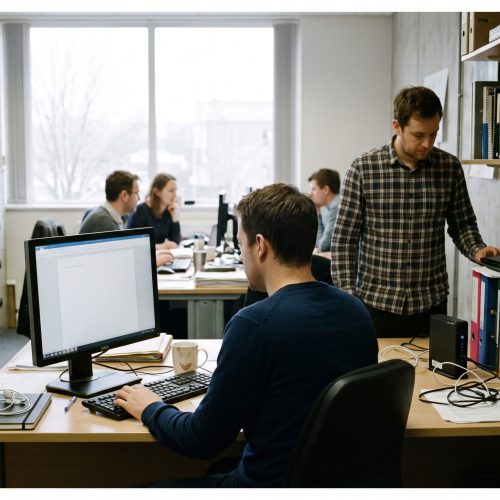Une personne travaille sur un PC tandis qu’une box et un routeur sont visibles sur une étagère dans un bureau.
